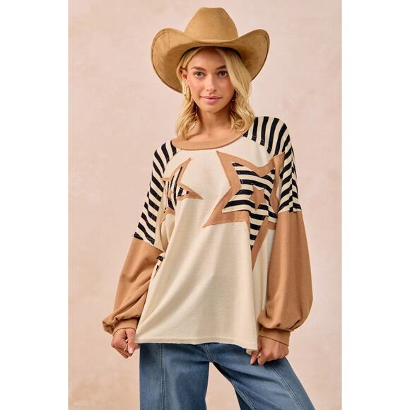 BiBi Star Patchwork Mixed Round Neck Long Sleeves Oversized Sweatshirt | Oatmeal - Picture 5 of 10